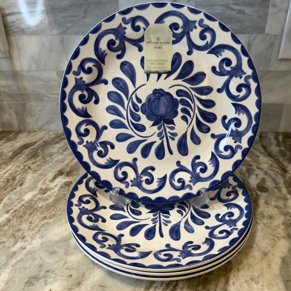 Artisan De Luxe Blue Rose Scroll Melamine 11” Dinner Plates Set Of 4 New